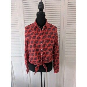 J. Crew Top Womens M Coral Navy Button Down Elephant Long Sleeve Shirt Whimsical